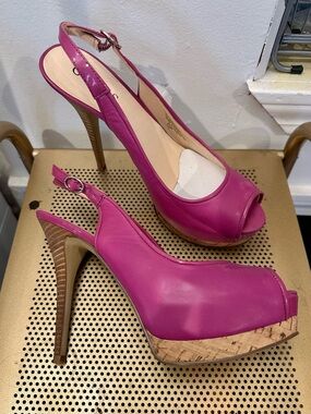 Guess Fuchsia Peep-Toe Slingback Platform Heels